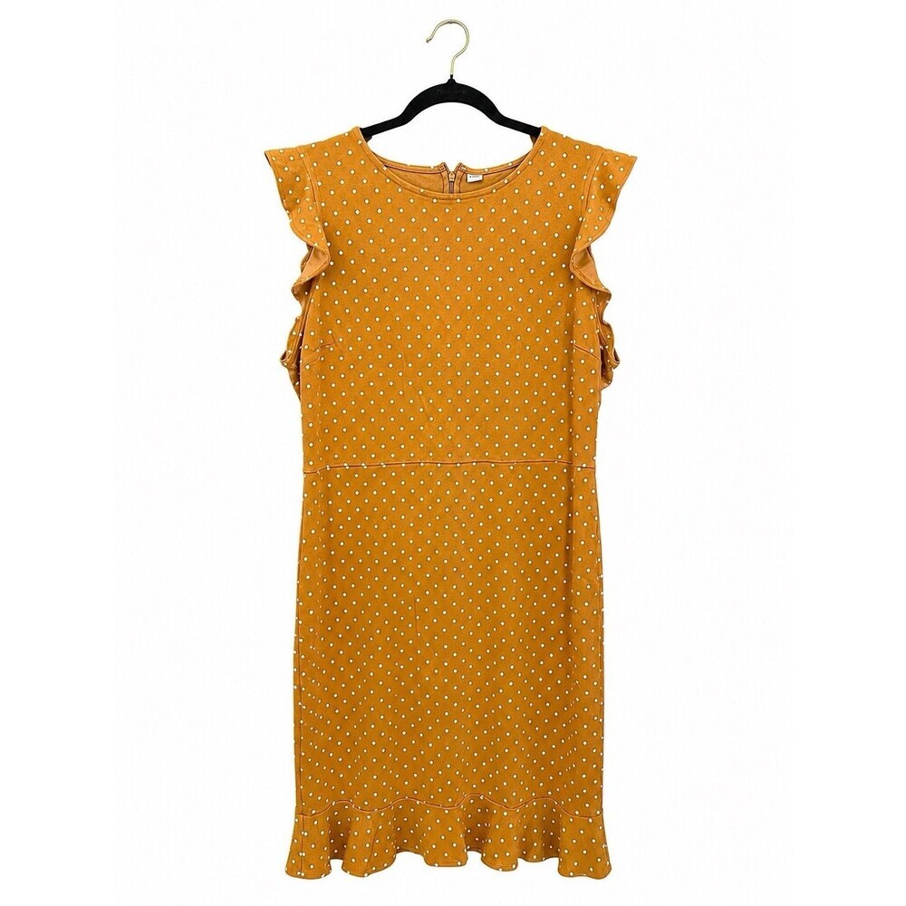 Old Navy XL Mustard Yellow Polka Dot Dress Flutter Sleeve Midi Ruffle Hem